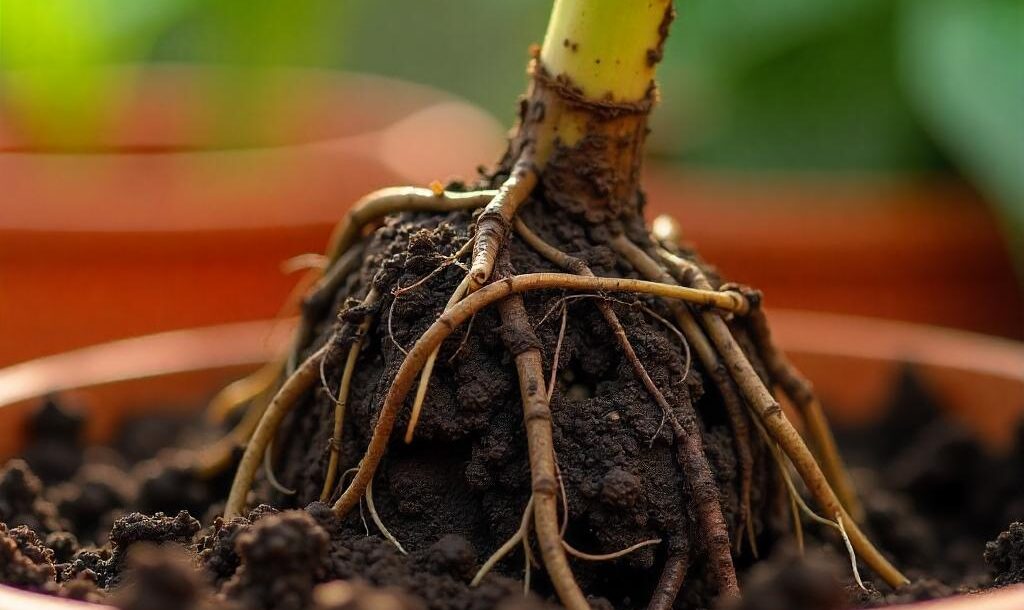 Exposed roots of a potted plant showing signs of rot and decay, indicating root rot in container gardening