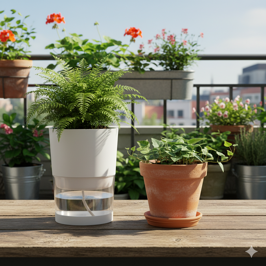 A side-by-side comparison of a modern self-watering pot with a lush fern and a traditional terracotta pot with ivy, set on a wooden table in a sunny balcony garden. This image illustrates the "Self-Watering vs Regular Pots: 5 Honest Lessons I Learned" blog post, offering a visual representation of both planting methods for home gardeners.