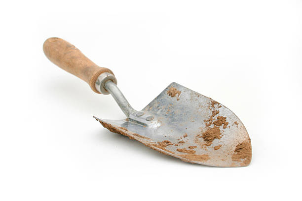 Sturdy gardening trowel with wooden handle and soil stains, a reliable tool for container gardening and potting mix that proves why size matters in pots.