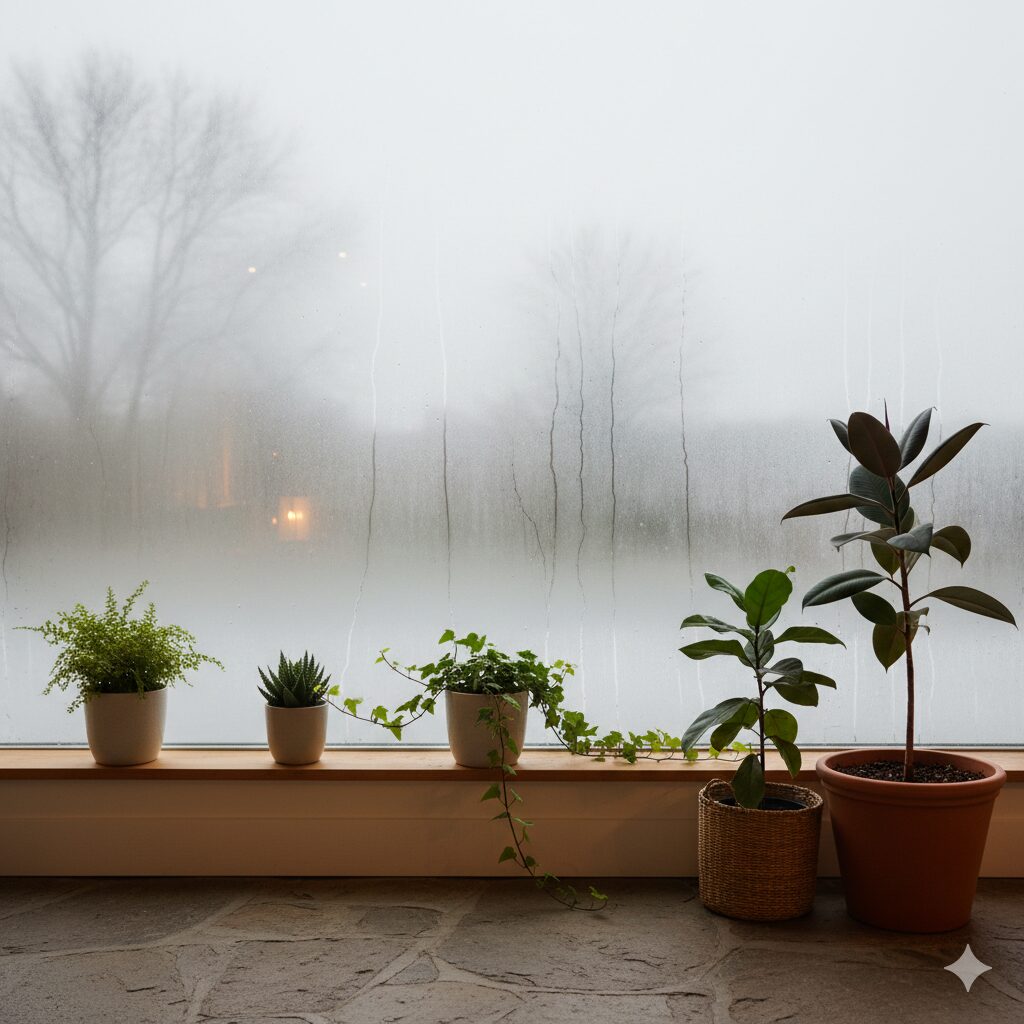 Misty windowsill with five potted plants (herb, succulent, trailing ivy, foliage) showing winter humidity and indoor container gardening care.