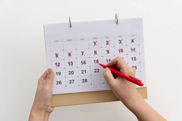 Person marking dates on a monthly calendar, representing the winter fertilizer schedule for balcony, terrace, and indoor plants and how often to feed them safely.