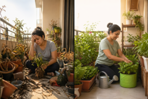 Split image of balcony gardening showing stressed gardener with messy pots and healthy organized container garden with calm routine