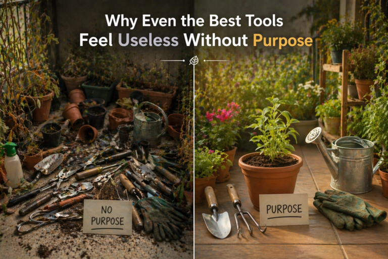 Split-screen Indian balcony container garden showing cluttered messy setup with scattered gardening tools and stressed plants on one side, and a clean organized setup with minimal tools and healthy plants on the other, highlighting the importance of purpose in gardening