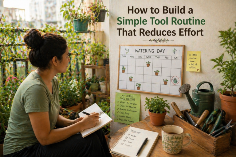 Gardener in an Indian balcony writing a watering schedule in a notebook with a wall calendar showing plant care routine, surrounded by potted plants and basic gardening tools, illustrating a simple organized gardening routine