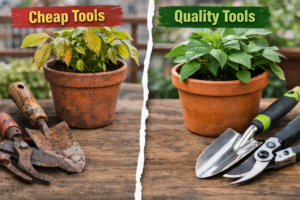 Side by side comparison of cheap vs quality gardening tools showing stressed potted plant and healthy plant in balcony container gardening