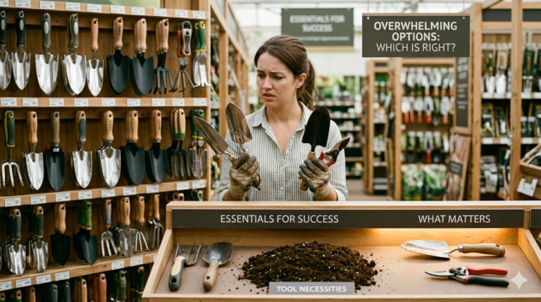 Beginner gardener confused choosing between different gardening tools in store, highlighting tool selection issues for container gardening beginners