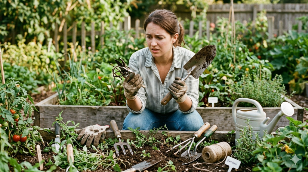 Beginner gardener confused with multiple gardening tools while working in a vegetable garden bed, highlighting tool selection and usage struggles