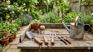 Basic container gardening tools for beginners including trowel, hand rake, hand fork, pruners, and watering can on a wooden table in a home garden setup