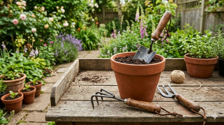 Basic soil tools for container gardening including hand trowel, hand rake, and hand fork used for potting and soil mixing in small garden setup
