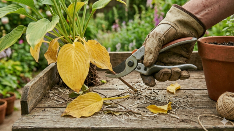 Using pruning shears to remove yellow leaves and trim plant roots in container gardening to maintain plant health and control growth in pots
