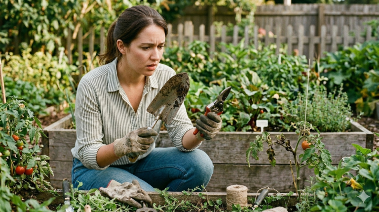Beginner gardener handling plant roughly with wrong tools during repotting, causing root damage and plant stress in container gardening