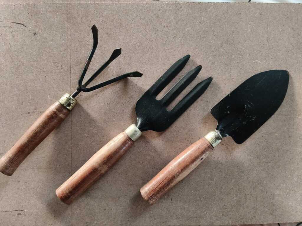 Basic hand tools for container gardening including trowel, hand fork, and rake used for soil mixing, repotting, and precise plant care in small pots