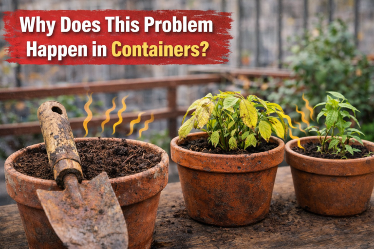Stressed potted plants with yellow leaves in balcony container gardening showing compact soil and heat stress with worn gardening tools