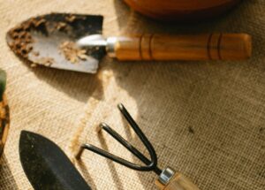 rusted gardening tools in balcony garden showing damage from moisture and poor maintenance in container gardening