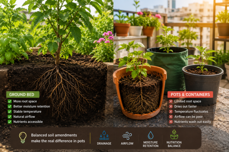 Comparison of ground bed gardening and container gardening showing how soil amendments, airflow, drainage, and root space behave differently in balcony and terrace pots.
