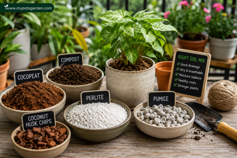Container gardening soil amendments including cocopeat, compost, perlite, pumice, and coconut husk chips arranged beside healthy potted plants for balcony and terrace gardening.