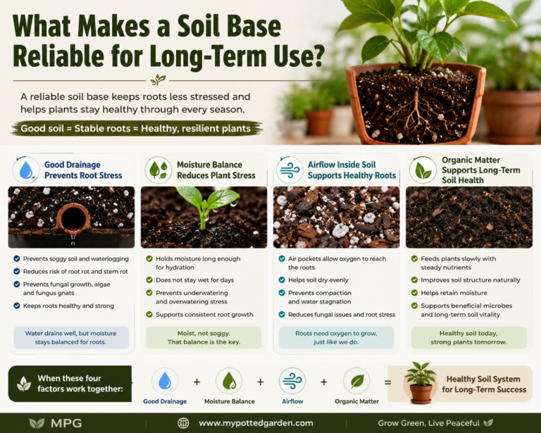 Infographic explaining what makes a reliable soil base for long-term container gardening with drainage, airflow, moisture balance, and organic matter for healthy roots