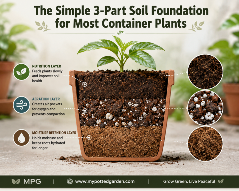 Illustration of the simple 3-part soil foundation for container plants showing moisture retention, aeration, and nutrition layers inside a healthy potting mix