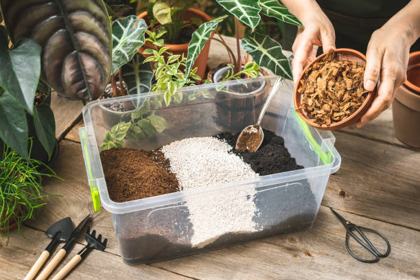 Mixing cocopeat, perlite, compost, and bark in a container to create a balanced potting mix for healthy root growth in potted plants and balcony gardening