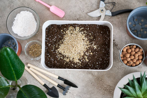 Potting mix with perlite, compost, and soil amendments arranged for container gardening, showing how soil composition affects root health and plant growth in pots