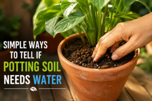 Hand checking soil moisture in a terracotta pot using the finger test to determine if potting soil needs water in a balcony container garden.