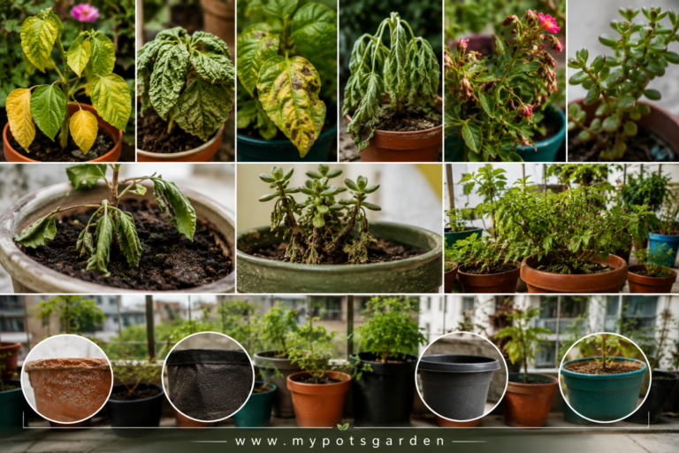 Collage showing common watering problems in container gardening, including yellow leaves, wilting plants, flower bud drop, slow growth, and different moisture levels in potted plants.