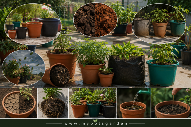 Container garden showing different pot sizes, soil mixes, pot materials, airflow conditions, and moisture levels that affect watering needs in balcony and terrace gardening.