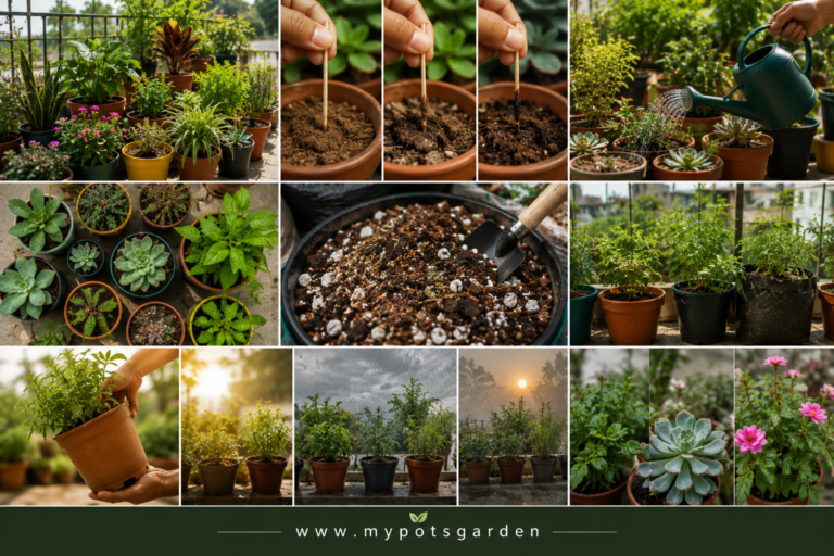 Container gardening watering practices showing soil moisture checks, grouped potted plants, well-draining potting mix, seasonal watering adjustments, and healthy balcony garden plants.