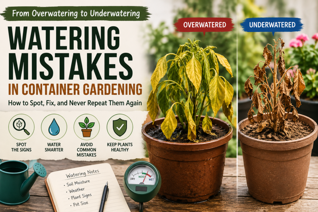 Container gardening watering mistakes comparison showing overwatered and underwatered potted plants with yellow leaves, wilting foliage, dry soil, and soggy soil symptoms to help gardeners identify common watering problems in balcony and terrace gardens.