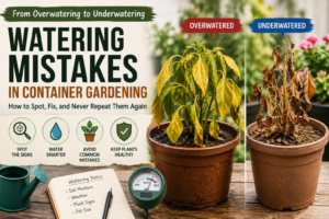 Container gardening watering mistakes comparison showing overwatered and underwatered potted plants with yellow leaves, wilting foliage, dry soil, and soggy soil symptoms to help gardeners identify common watering problems in balcony and terrace gardens.