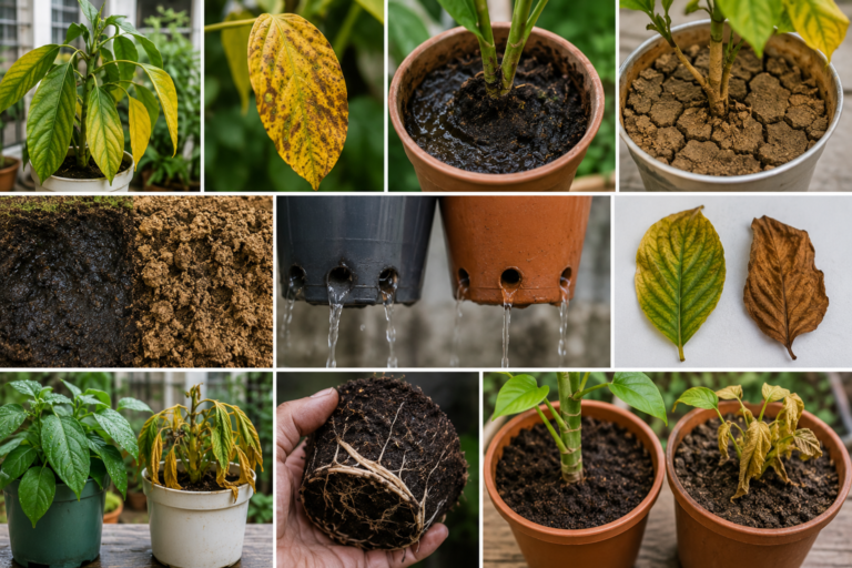 Collage showing early signs of watering problems in container plants including yellow leaves, wilting foliage, soggy soil, dry cracked soil, poor drainage, weak roots, and stressed potted plants in balcony and terrace gardens.