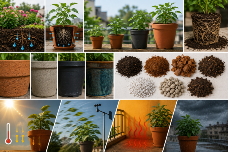 Container gardening visual showing how pot size, pot material, potting mix, root space, sunlight, wind, heat, and microclimate affect soil moisture, watering frequency, and plant health in balcony and terrace gardens.