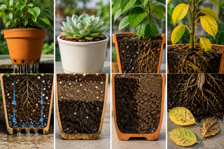 Collage showing common container gardening watering problems including water draining too quickly, dry top soil with moist lower soil, uneven moisture in pots, root stress, yellow leaves, and poor plant growth.