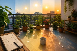 Container plants on a balcony terrace with changing sunlight and shadows throughout the day, demonstrating how to observe sunlight patterns without tools for proper plant placement in container gardening.