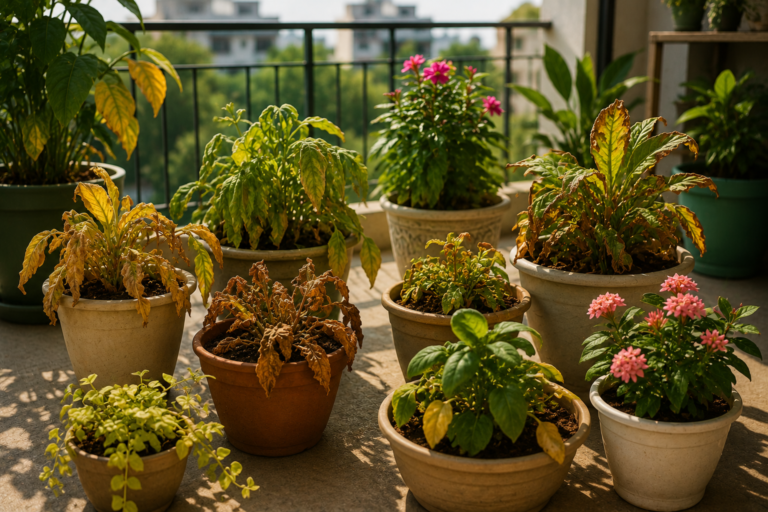 Container plants in a balcony garden showing yellow leaves, scorched foliage, wilting, and uneven growth, illustrating common signs of incorrect sunlight exposure in balcony and terrace gardening.