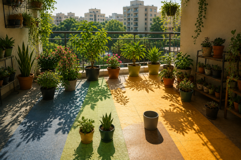 Balcony and terrace container plants growing in different sunlight zones, showing how sunlight duration, intensity, and shade affect plant health, soil moisture, and successful container gardening.