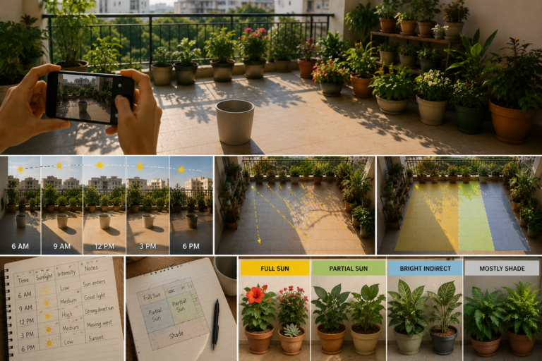 Gardener observing sunlight movement in a balcony terrace with potted plants, using a phone, notes, and shadows to identify full sun, partial sun, bright indirect light, and shade without any tools.