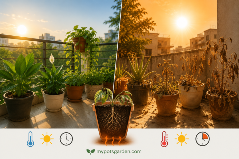 Split comparison of morning and afternoon sunlight on container plants, showing healthy growth in gentle morning sun versus heat-stressed potted plants under intense afternoon sun with hot concrete surfaces, illustrating how sunlight intensity, floor heat, and soil temperature affect balcony and terrace gardening in Indian conditions.
