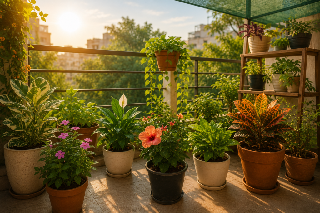 Healthy container plants growing on a sunlit Indian balcony with a mix of foliage and flowering plants, illustrating the importance of choosing the right morning or afternoon sunlight for successful balcony and terrace gardening.