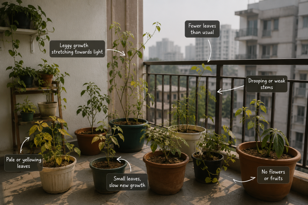 Outdoor balcony container plants showing light stress with leggy stems, pale leaves, and weak growth in a shaded terrace garden under limited sunlight