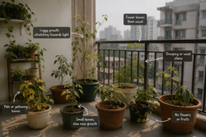 Outdoor balcony container plants showing light stress with leggy stems, pale leaves, and weak growth in a shaded terrace garden under limited sunlight