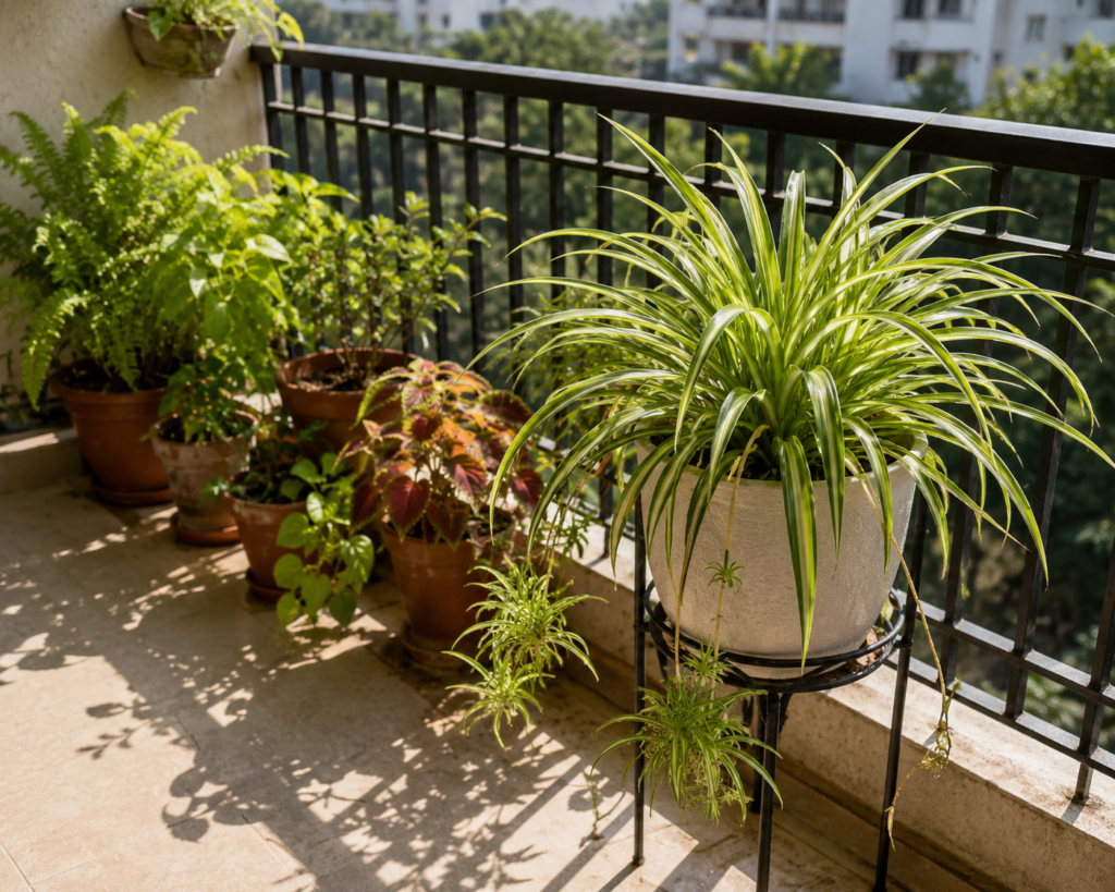 Healthy spider plant receiving bright natural sunlight on a balcony with well-arranged container plants, demonstrating proper sunlight placement for balcony and terrace container gardening.