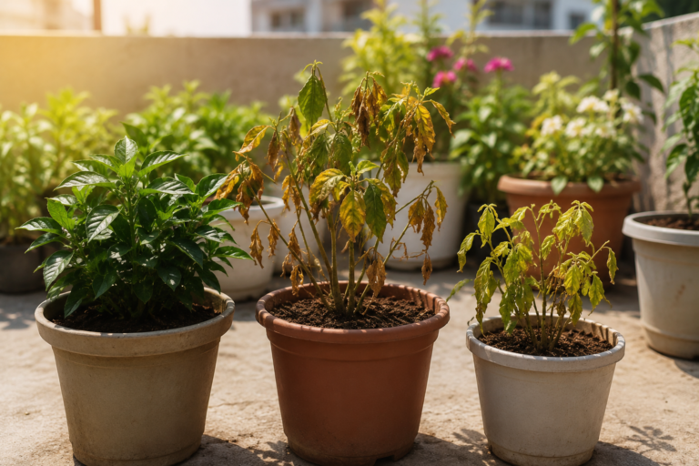 Container plants showing different growth conditions and pot sizes, highlighting how to tell what pot size a plant needs