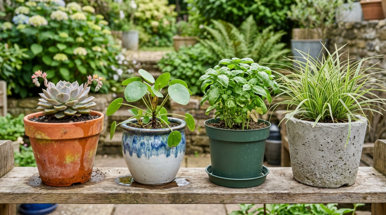 Plastic, clay, ceramic, and cement pots showing different container gardening materials and plant growing conditions