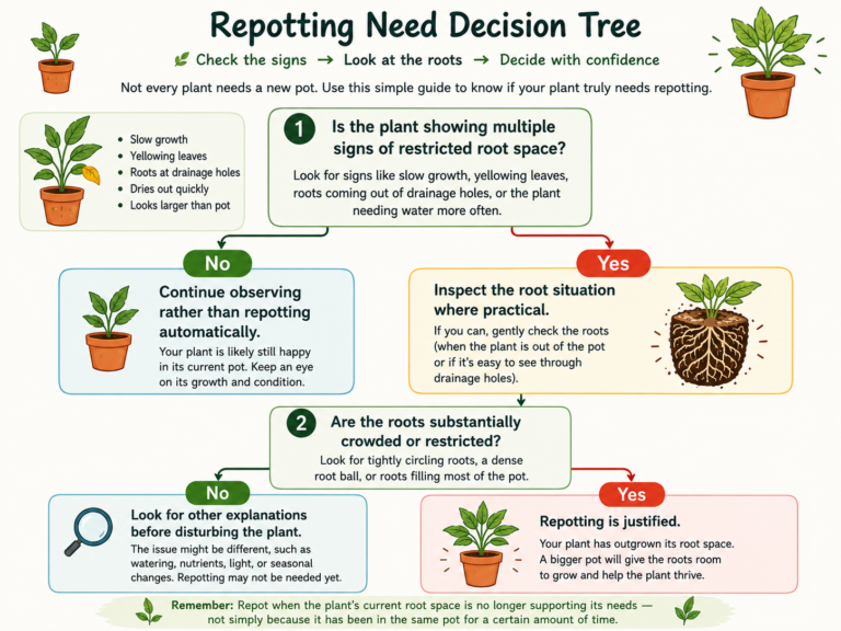 Repotting decision tree showing how to determine when a container plant needs a larger pot
