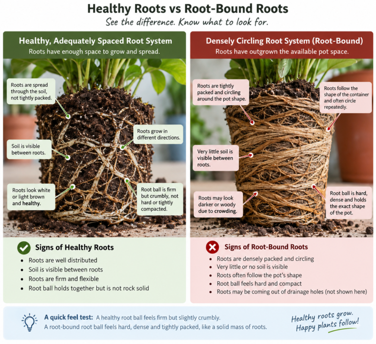 Healthy roots compared with densely circling root-bound roots in container-grown plants