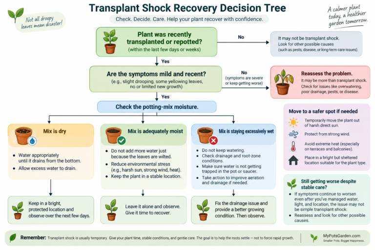 Transplant shock recovery decision tree showing how to check soil moisture and adjust care for a recently repotted container plant
