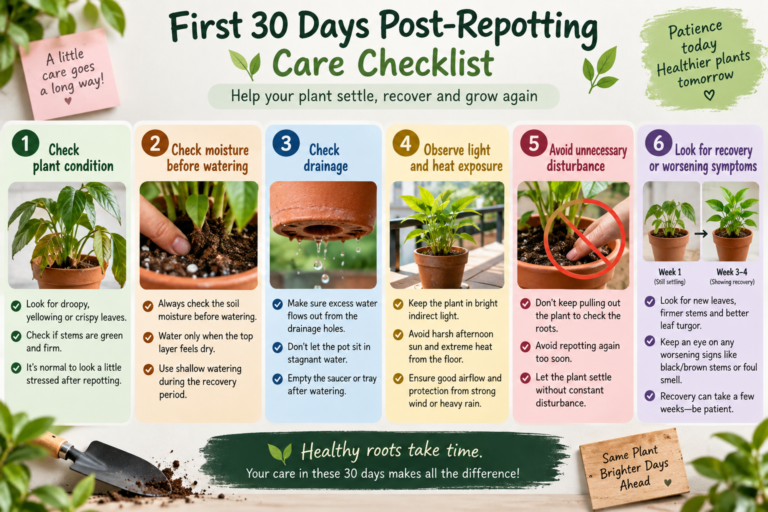 First 30 days after repotting care checklist showing watering, drainage, light, plant stress, and recovery signs