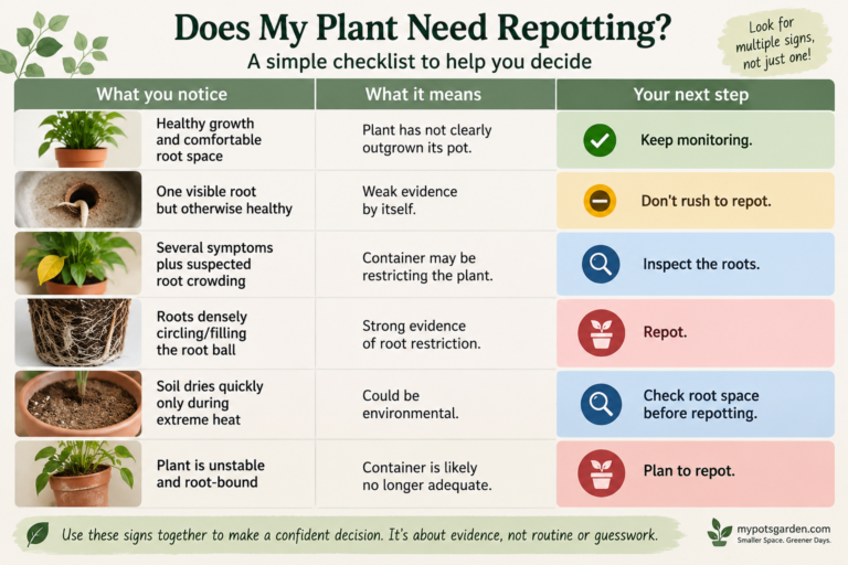 Plant repotting decision checklist showing signs of root crowding and when to repot or keep a plant in its current pot