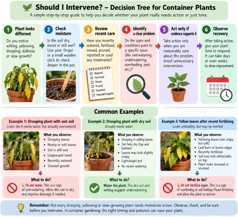 Container plant care decision tree showing how to identify overwatering, underwatering, and overfertilizing signs before intervening and allowing stressed potted plants to recover.